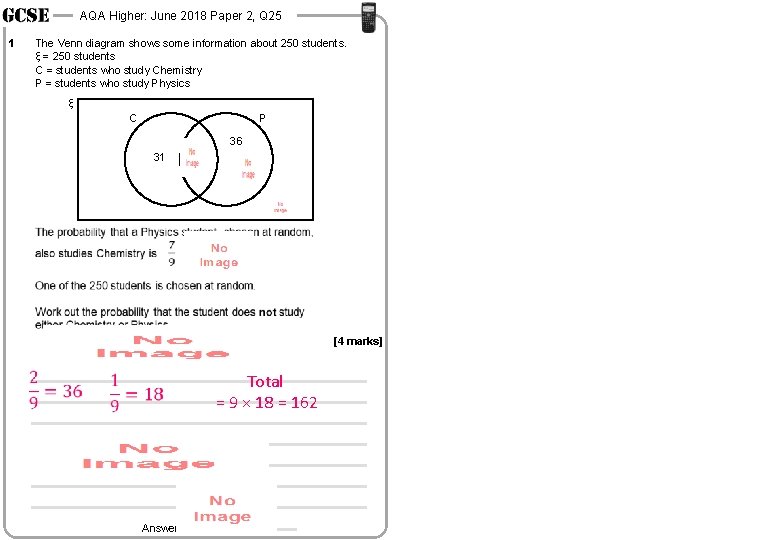 AQA Higher: June 2018 Paper 2, Q 25 1 The Venn diagram shows some