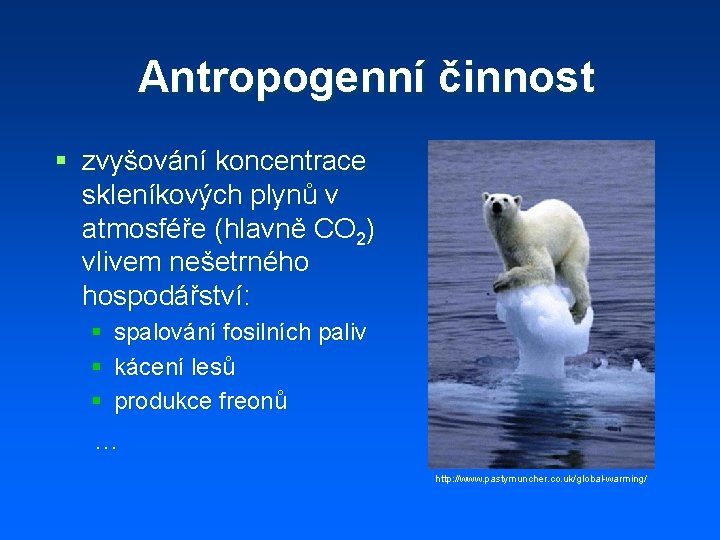 Antropogenní činnost § zvyšování koncentrace skleníkových plynů v atmosféře (hlavně CO 2) vlivem nešetrného