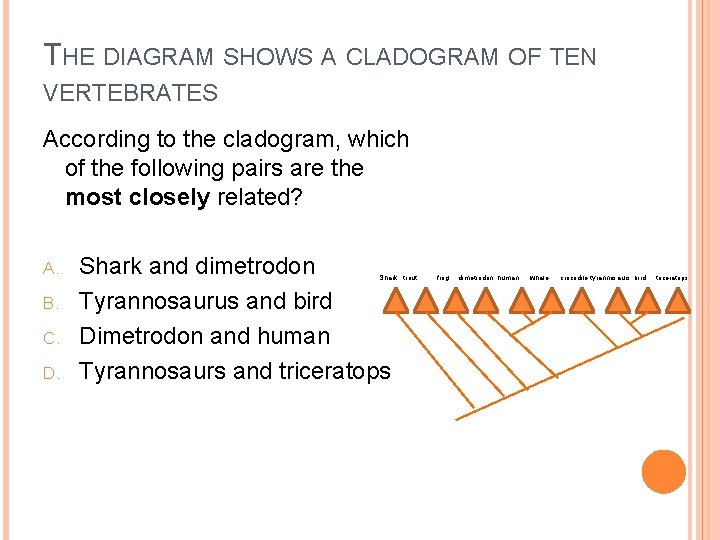 THE DIAGRAM SHOWS A CLADOGRAM OF TEN VERTEBRATES According to the cladogram, which of