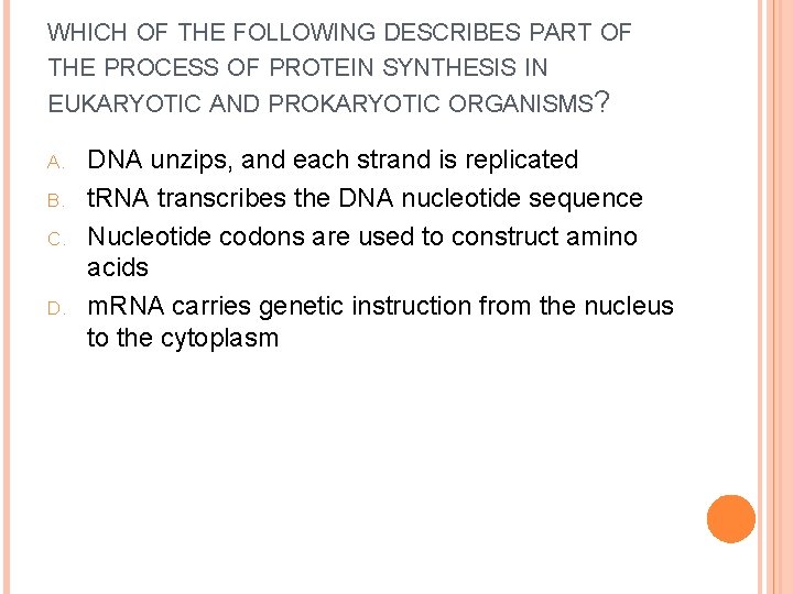 WHICH OF THE FOLLOWING DESCRIBES PART OF THE PROCESS OF PROTEIN SYNTHESIS IN EUKARYOTIC