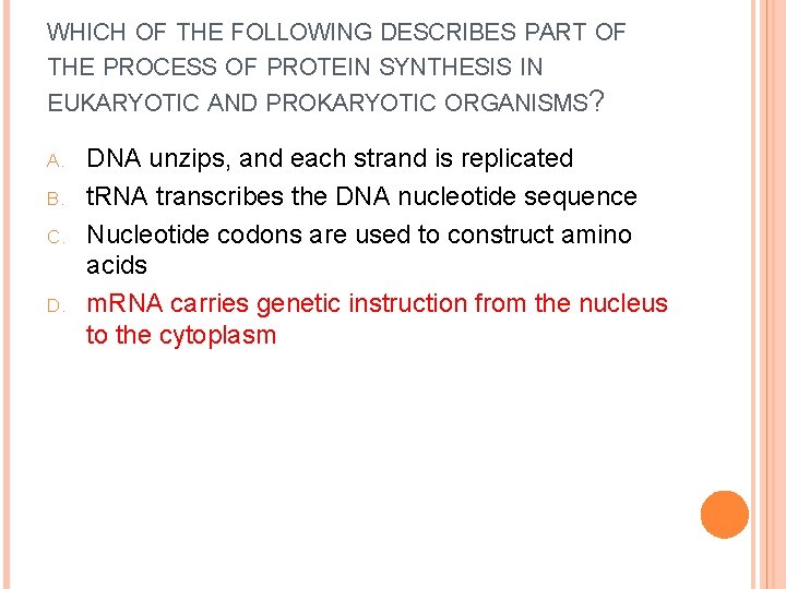 WHICH OF THE FOLLOWING DESCRIBES PART OF THE PROCESS OF PROTEIN SYNTHESIS IN EUKARYOTIC