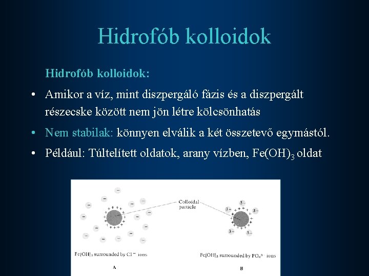 Hidrofób kolloidok: • Amikor a víz, mint diszpergáló fázis és a diszpergált részecske között