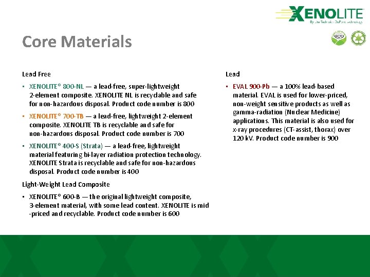 Core Materials Lead Free Lead • XENOLITE® 800 -NL — a lead-free, super-lightweight 2