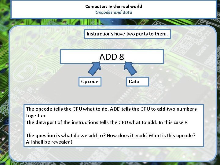 Computers in the real world Opcodes and data Instructions have two parts to them.