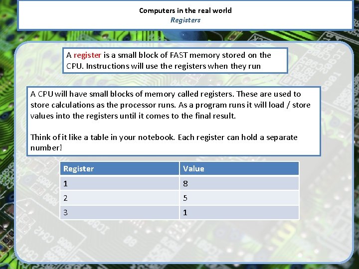Computers in the real world Registers A register is a small block of FAST