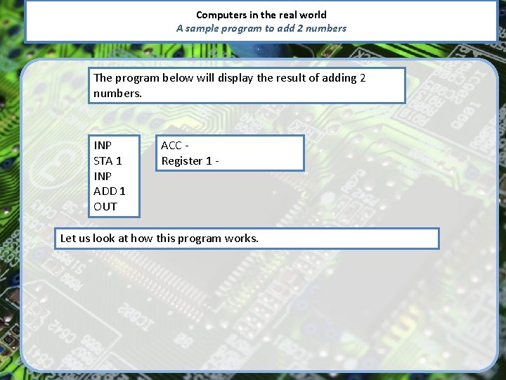 Computers in the real world A sample program to add 2 numbers The program