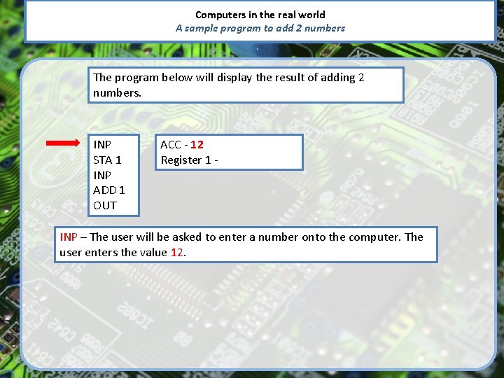 Computers in the real world A sample program to add 2 numbers The program