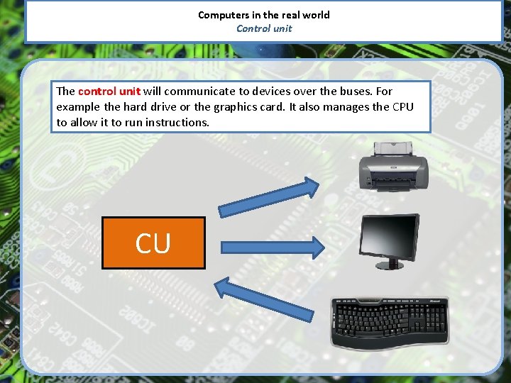 Computers in the real world Control unit The control unit will communicate to devices