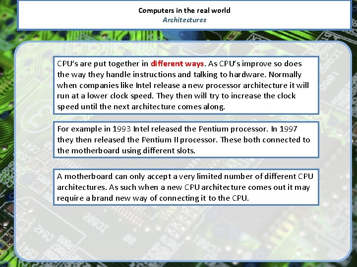 Computers in the real world Architectures CPU’s are put together in different ways. As
