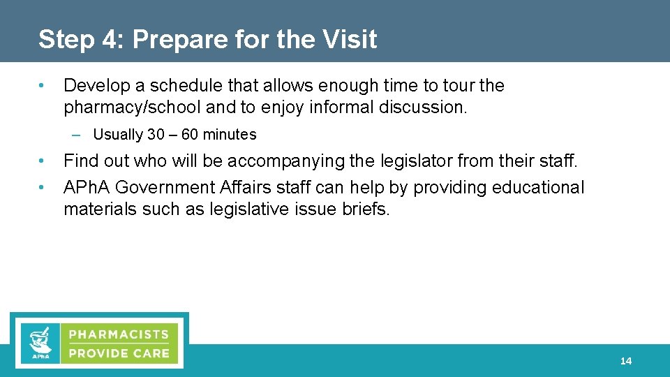 Step 4: Prepare for the Visit • Develop a schedule that allows enough time