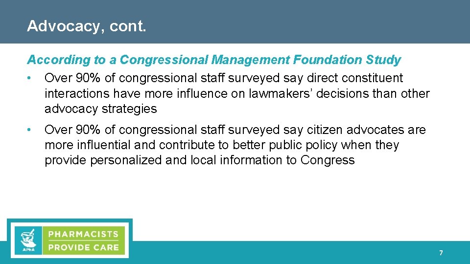 Advocacy, cont. According to a Congressional Management Foundation Study • Over 90% of congressional