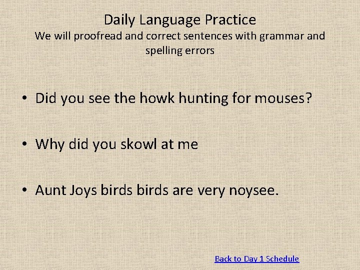 Daily Language Practice We will proofread and correct sentences with grammar and spelling errors