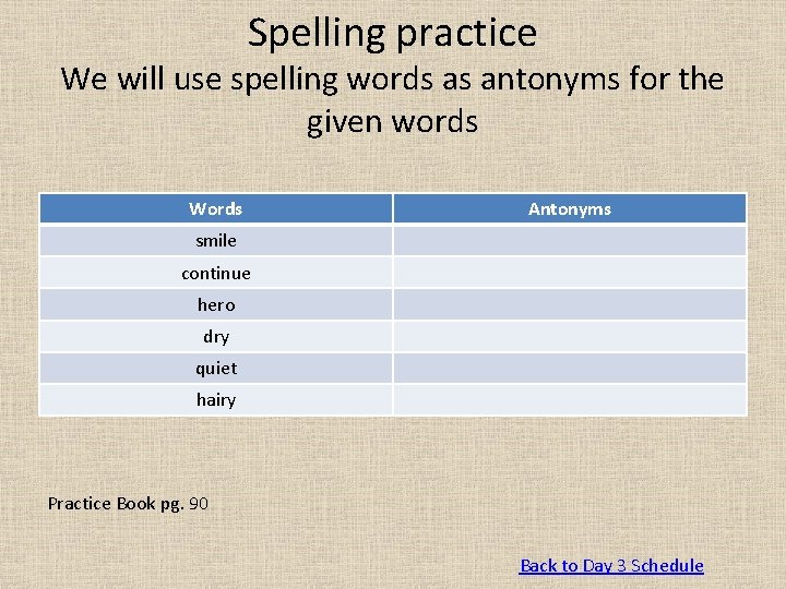 Spelling practice We will use spelling words as antonyms for the given words Words