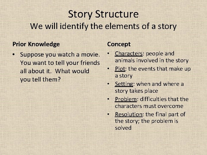 Story Structure We will identify the elements of a story Prior Knowledge Concept •