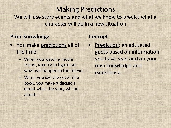 Making Predictions We will use story events and what we know to predict what