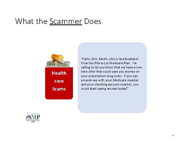 What the Scammer Does Health care Scams “Hello, Mrs. Smith…this is Ima Scammer from