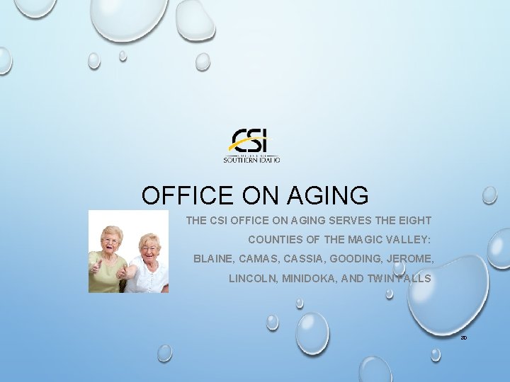 OFFICE ON AGING THE CSI OFFICE ON AGING SERVES THE EIGHT COUNTIES OF THE