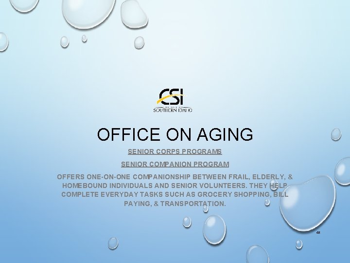 OFFICE ON AGING SENIOR CORPS PROGRAMS SENIOR COMPANION PROGRAM OFFERS ONE-ON-ONE COMPANIONSHIP BETWEEN FRAIL,