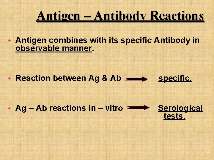 Antigen – Antibody Reactions w Antigen combines with its specific Antibody in observable manner.