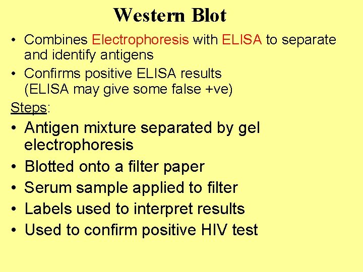 Western Blot • Combines Electrophoresis with ELISA to separate and identify antigens • Confirms