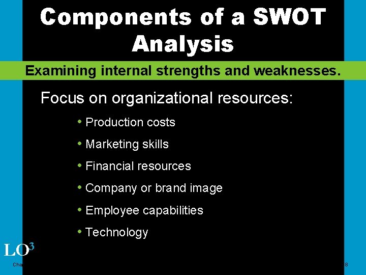 Components of a SWOT Analysis Examining internal strengths and weaknesses. Focus on organizational resources: