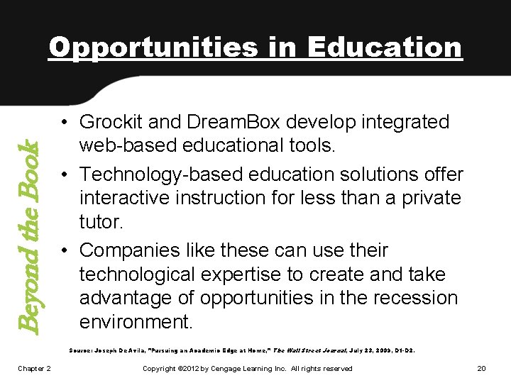 Beyond the Book Opportunities in Education • Grockit and Dream. Box develop integrated web-based