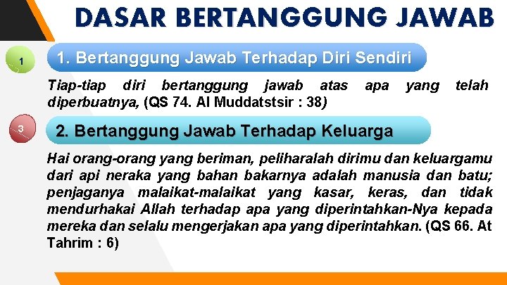 DASAR BERTANGGUNG JAWAB 1 1. Bertanggung Jawab Terhadap Diri Sendiri Tiap-tiap diri bertanggung jawab