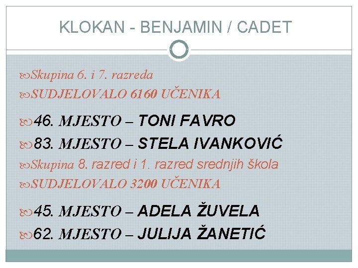 KLOKAN - BENJAMIN / CADET Skupina 6. i 7. razreda SUDJELOVALO 6160 UČENIKA 46.