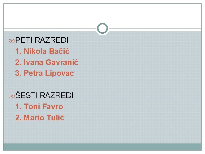  PETI RAZREDI 1. Nikola Bačić 2. Ivana Gavranić 3. Petra Lipovac ŠESTI RAZREDI