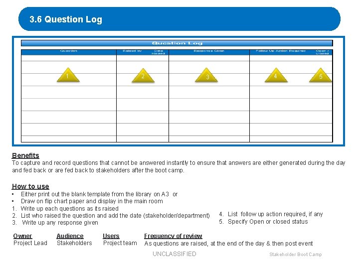 3. 6 Question Log 1 2 3 4 5 Benefits To capture and record