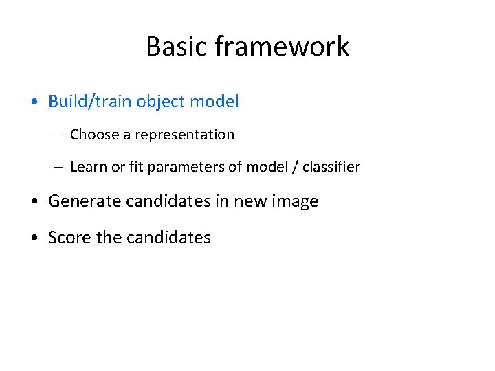 Basic framework • Build/train object model – Choose a representation – Learn or fit