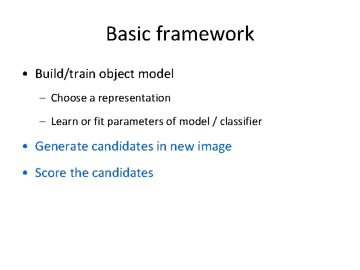 Basic framework • Build/train object model – Choose a representation – Learn or fit