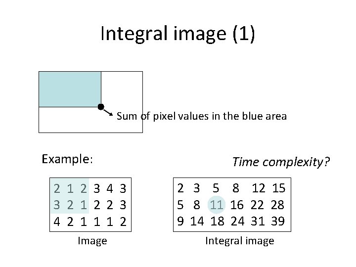 Integral image (1) Sum of pixel values in the blue area Example: 2 1