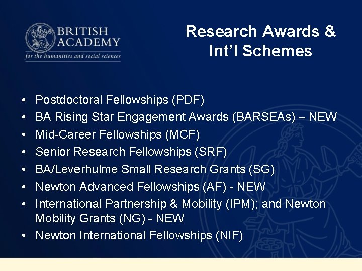 Research Awards & Int’l Schemes • • Postdoctoral Fellowships (PDF) BA Rising Star Engagement