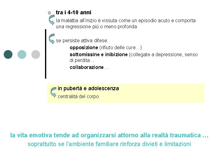 ¢ tra i 4 -10 anni la malattia all’inizio è vissuta come un episodio