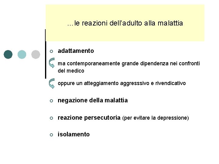 …le reazioni dell’adulto alla malattia ¢ adattamento ma contemporaneamente grande dipendenza nei confronti del