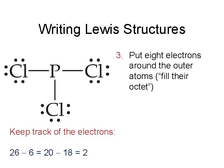 Writing Lewis Structures 3. Put eight electrons around the outer atoms (“fill their octet”)
