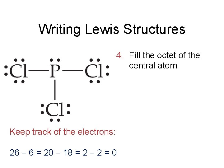 Writing Lewis Structures 4. Fill the octet of the central atom. Keep track of