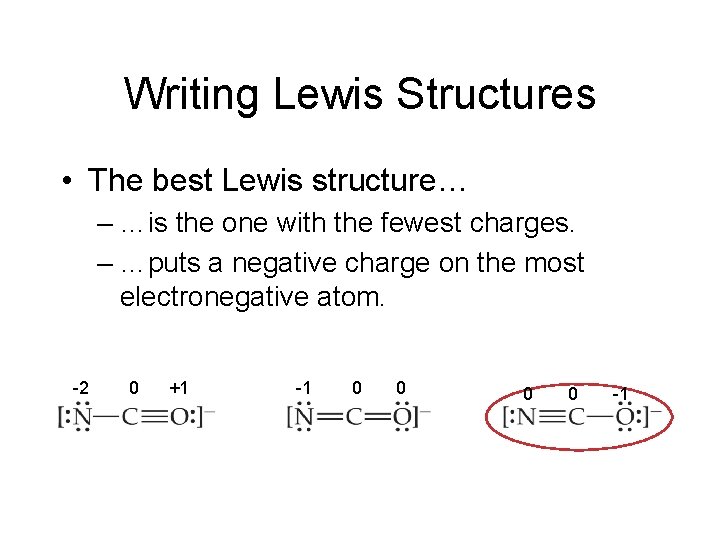 Writing Lewis Structures • The best Lewis structure… – …is the one with the
