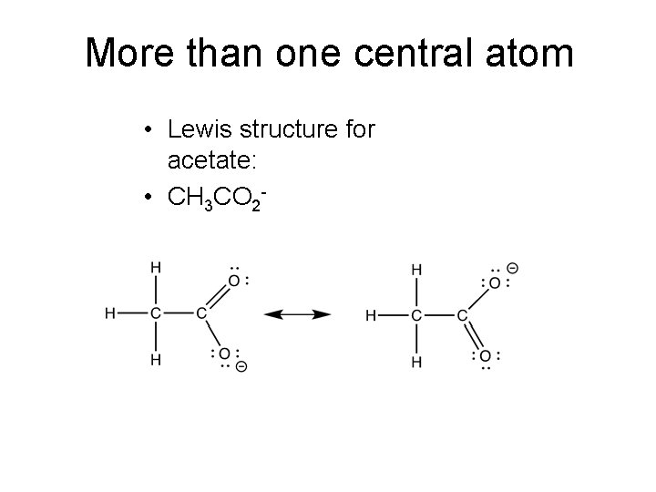 More than one central atom • Lewis structure for acetate: • CH 3 CO