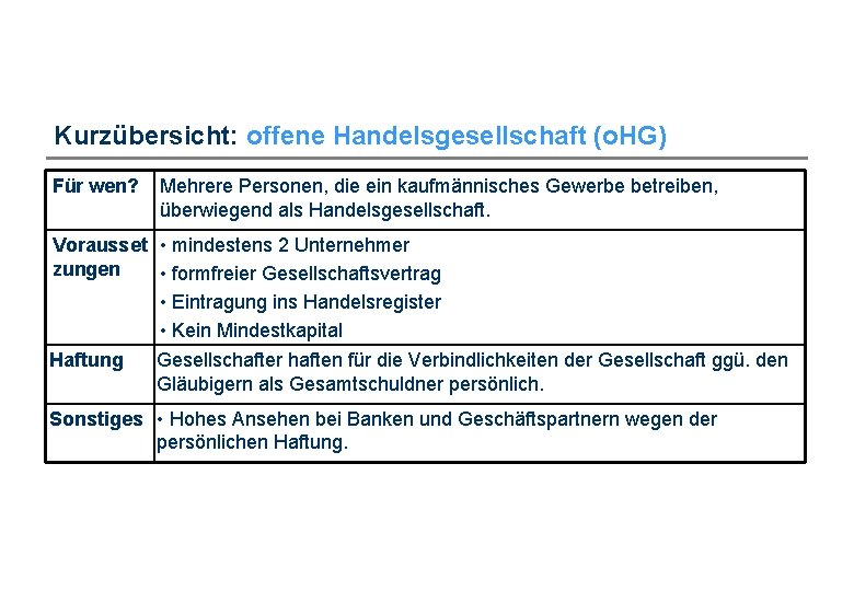 Kurzübersicht: offene Handelsgesellschaft (o. HG) Für wen? Mehrere Personen, die ein kaufmännisches Gewerbe betreiben,