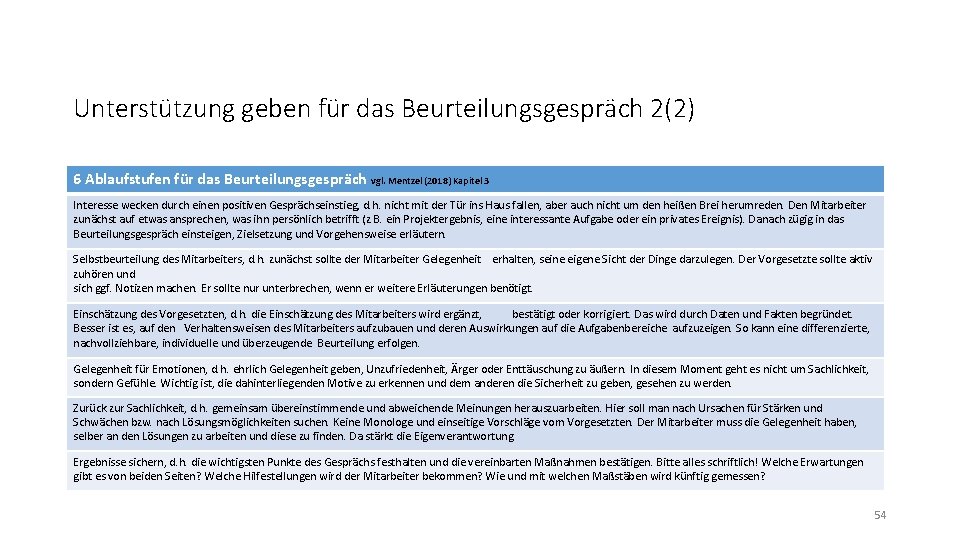 Unterstützung geben für das Beurteilungsgespräch 2(2) 6 Ablaufstufen für das Beurteilungsgespräch vgl. Mentzel (2018)