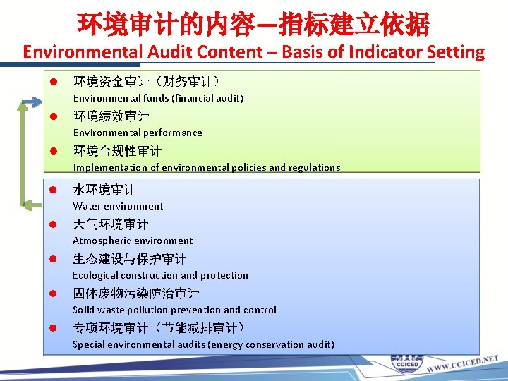 环境审计的内容—指标建立依据 Environmental Audit Content – Basis of Indicator Setting l 环境资金审计（财务审计） Environmental funds (financial