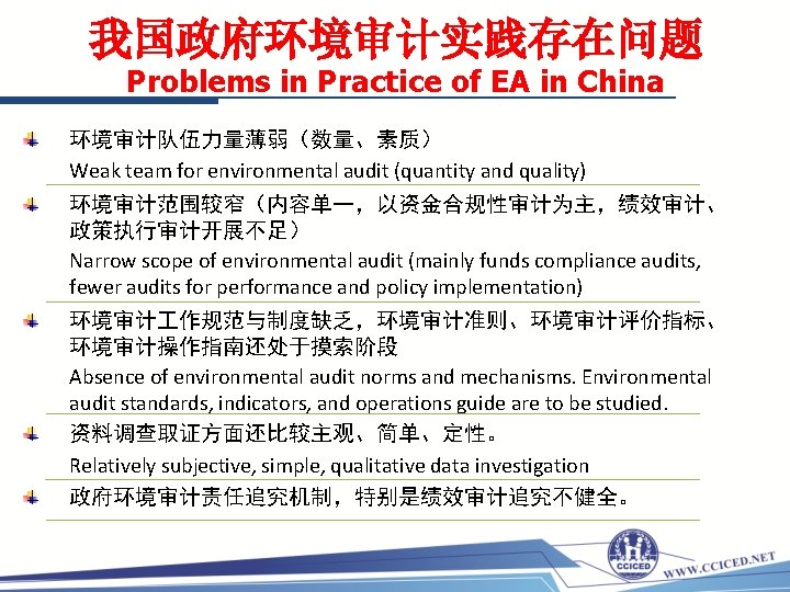 我国政府环境审计实践存在问题 Problems in Practice of EA in China 环境审计队伍力量薄弱（数量、素质） Weak team for environmental audit