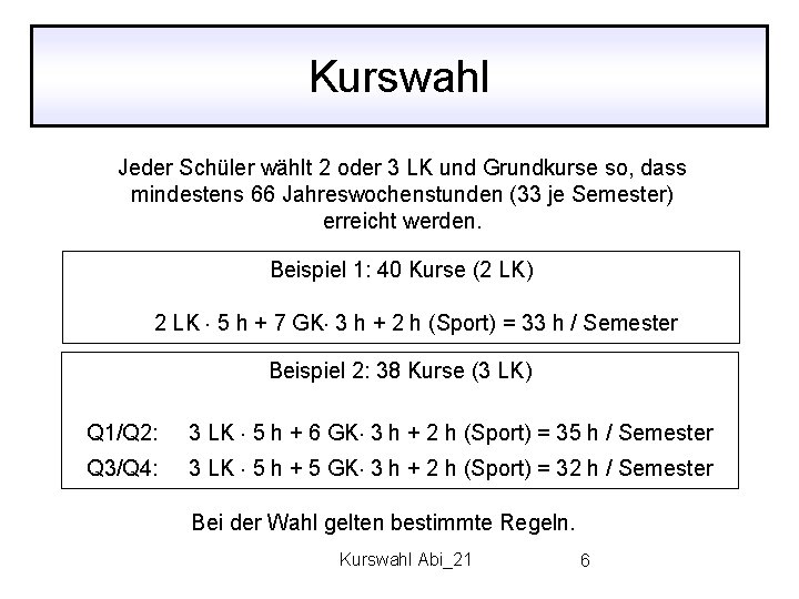 Kurswahl Jeder Schüler wählt 2 oder 3 LK und Grundkurse so, dass mindestens 66