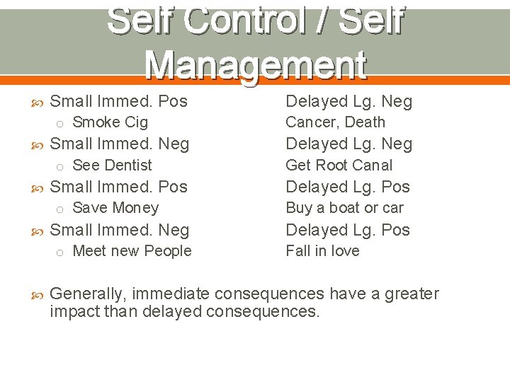 Self Control / Self Management Small Immed. Pos o Smoke Cig Small Immed. Neg