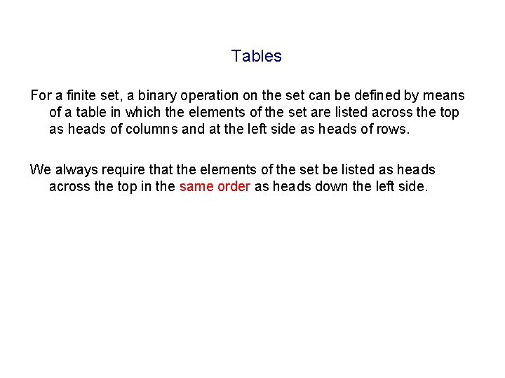 Tables For a finite set, a binary operation on the set can be defined