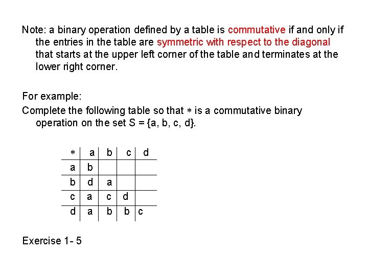 Note: a binary operation defined by a table is commutative if and only if