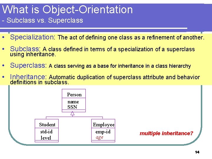 What is Object-Orientation - Subclass vs. Superclass • Specialization: The act of defining one