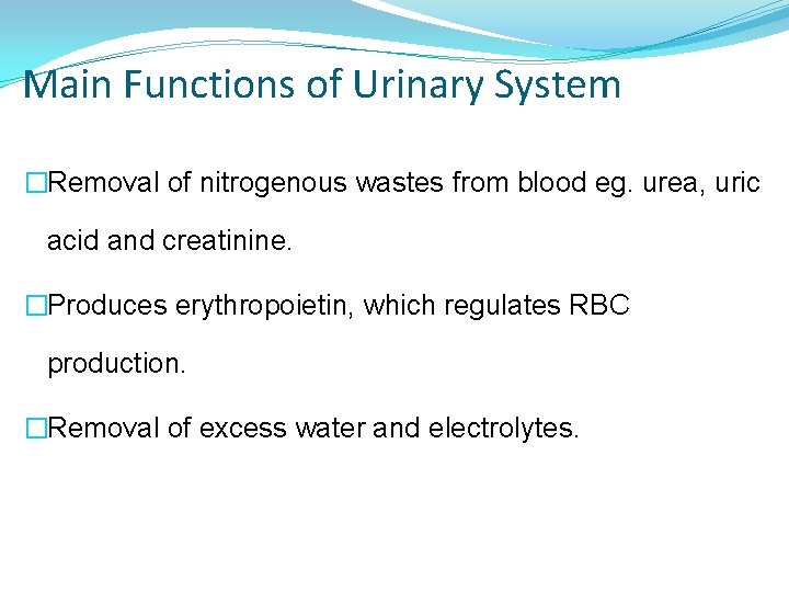 Main Functions of Urinary System �Removal of nitrogenous wastes from blood eg. urea, uric
